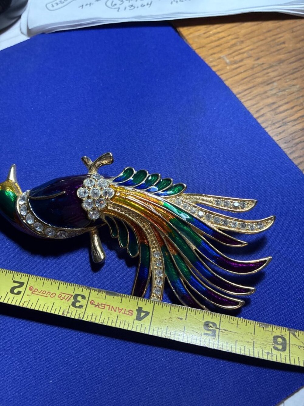 Vintage Bird of Paradise Brooch Large 5.5" Blue Green Enamel Rhinestone Gold Ton - Picture 7 of 7